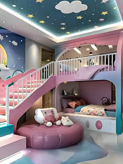 We created a fairytale room for a child with this elaborate pink bunk bed. The design includes a staircase, a slide, and a cozy lower bunk, all set against a magical backdrop of rainbows and stars on the ceiling.