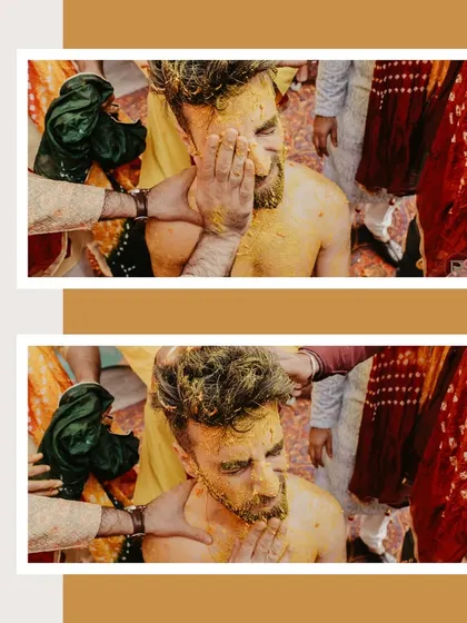 Close-up shots of the groom during his Haldi, highlighting the playful tradition and the genuine reactions as he gets covered in turmeric.