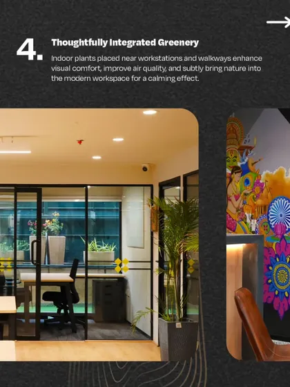 A look at the thoughtfully integrated greenery within the VentureX IFFCO Chowk office. Indoor plants are placed near workstations and in common areas to enhance visual comfort and bring a calming, natural element indoors.