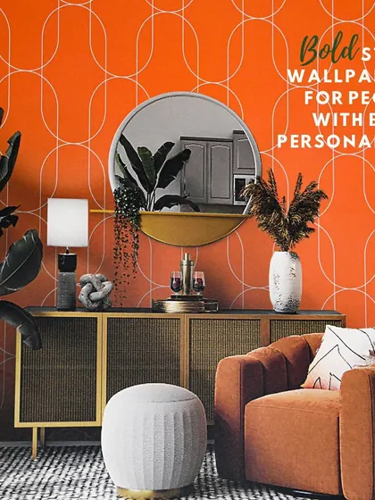 This living room makes a bold statement with a vibrant orange geometric wallpaper. It's a perfect example of how to use color and pattern to express a bold personality and create an energetic, modern space.