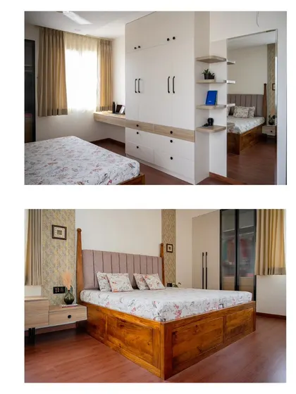 A collage showing different views of the master bedroom and a secondary bedroom, both featuring our smart automation solutions.