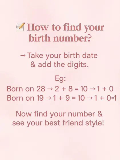 This simple graphic explains how to find your birth number by adding the digits of your birth date. It's the first step to discovering your unique numerological blueprint and friendship style.