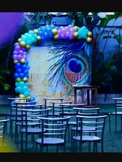 Our peacock theme is perfect for an open-space birthday party. The vibrant balloon arch frames a large, detailed peacock feather backdrop, creating a beautiful focal point for the celebration.