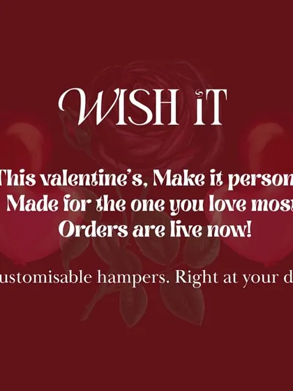 An announcement graphic for our Valentine's collection, emphasizing that every hamper is fully customizable and delivered right to your doorstep.