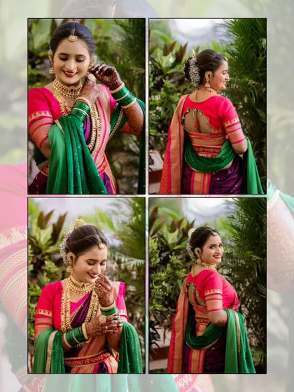 A four-image collage that shows different aspects of the bride's look, from adjusting her jewelry to showcasing the back design of her blouse.