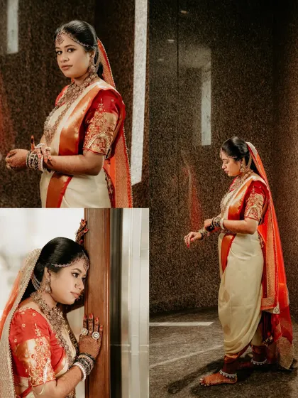A triptych of the bride in her stunning wedding saree, captured with dramatic lighting that highlights the texture of the background and her attire.