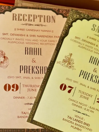 A pair of Sangeet and Reception inserts, showcasing a consistent design language with arched tops and classic typography.