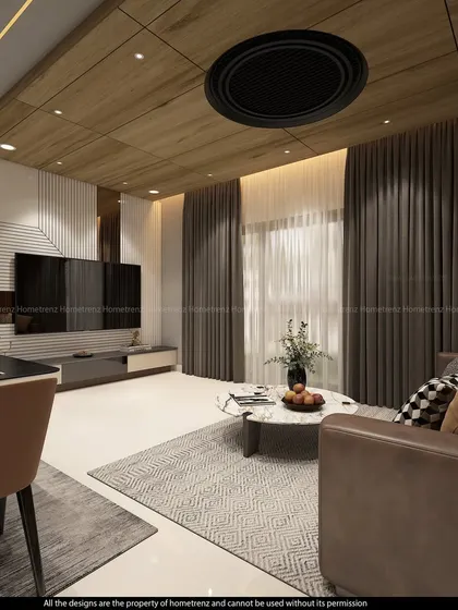 A wider view of the living room, highlighting the wooden ceiling detail and the dark, dramatic curtains that frame the space.