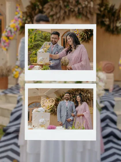 A polaroid-style diptych of the couple cutting their engagement cake. This creative framing adds a nostalgic and charming touch to the photos.