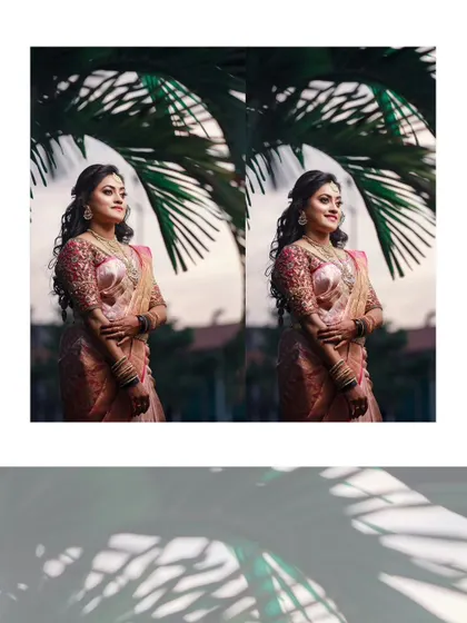A duplicate of image 229, showing elegant bridal portraits against a palm leaf background.