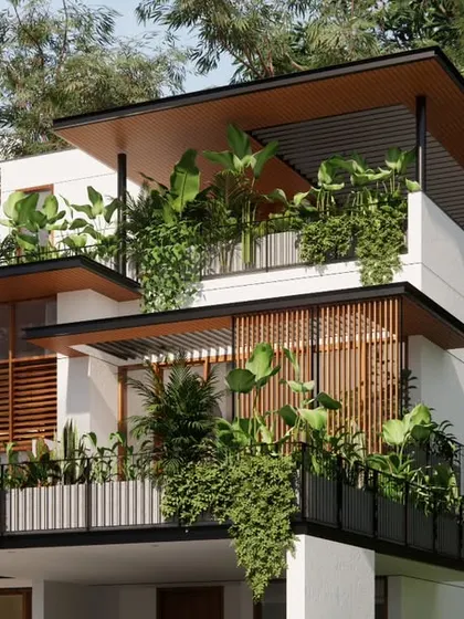 Another perspective of the Still House, emphasizing the cascading terraces and deep overhangs that provide shade and create usable outdoor spaces on every level.