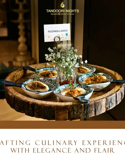 Another angle of our pulled masala jackfruit, showcasing the beautiful patterned serveware and rustic presentation that defines our culinary experiences.