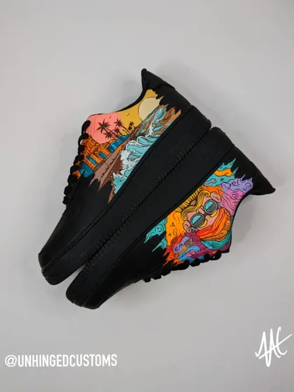 A creative shot showing both designs of the "2 States" custom sneakers. A perfect representation of the couple's story.
