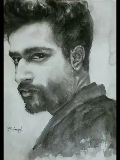 The final black and white watercolor portrait, capturing a dramatic and intense expression.