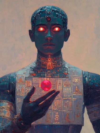 A blue-skinned android with glowing red eyes holds a red orb. This image represents my own feeling of being reborn as an artist through my work with AI.