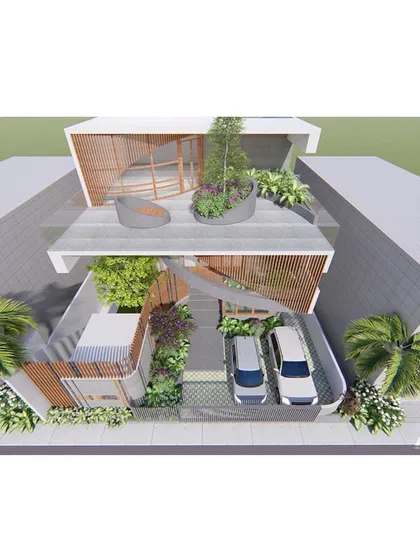 An aerial view of the lavish residence concept. This perspective shows the multi-level terraces and rooftop gardens, designed to provide ample outdoor living space and connect the home with nature.