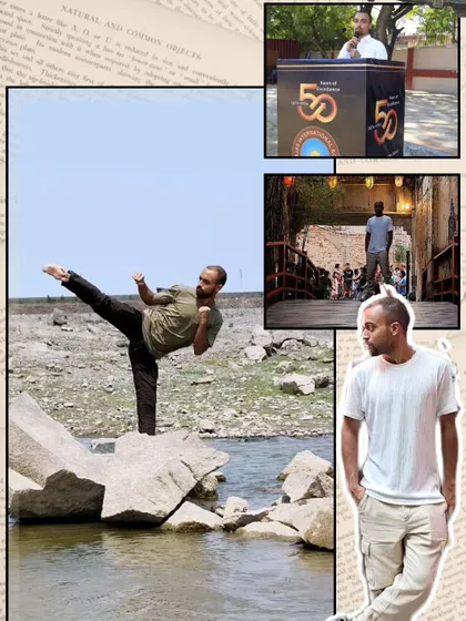 This collage represents the different facets of my life. From speaking at a podium to practicing kicks by the water, it's all connected by a single thread of discipline and continuous self-improvement.