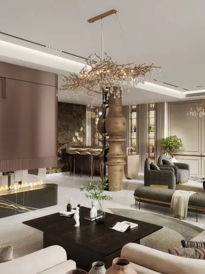 A luxurious living area centered around a modern fireplace. This render showcases a rich material palette and a complex layout, including a bar and multiple seating zones, all unified into a cohesive, high-end design.