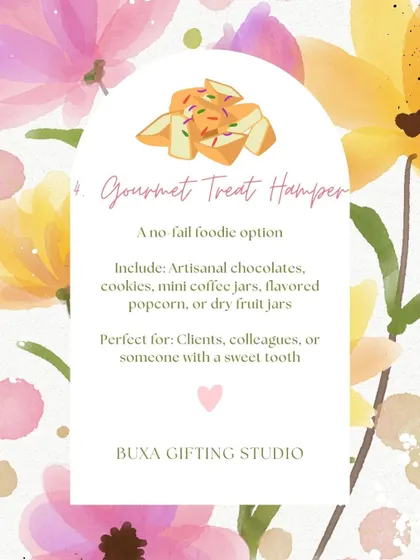 A "Gourmet Treat Hamper" idea for April birthdays, a no-fail option with artisanal chocolates, cookies, and flavored popcorn.