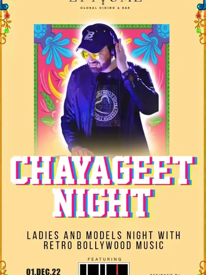 An event poster for a 'Chayageet Night', which is another name for my retro Bollywood audio-visual nights. I can tailor the theme and branding for any venue or private event.