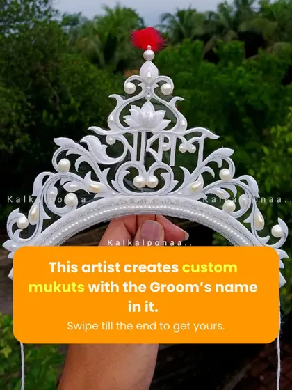 A beautiful example of a personalized bride's mukut, with the groom's name 'Sagnik' elegantly crafted into the design. It's a beautiful way to symbolize your union.