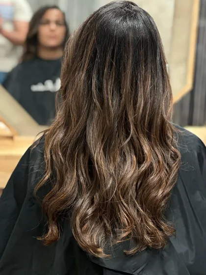 The back view of the final result, showing smooth, healthy, and beautifully colored hair.