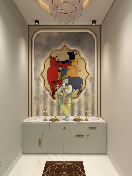 This 3D render of a mandir for a Delhi project features a beautiful Krishna idol against a concrete-textured wallpaper and a backdrop of pichwai art depicting cows.