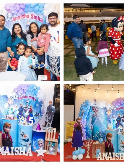 This collage shows the complete experience of our Frozen and Minnie Mouse party, including the full decor setup, family photos, and the kids having a great time with the character mascot.