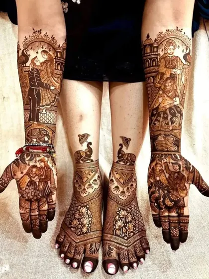 This elaborate design covers hands and feet with multiple scenes from a wedding story, including portraits, family members, and traditional processions.