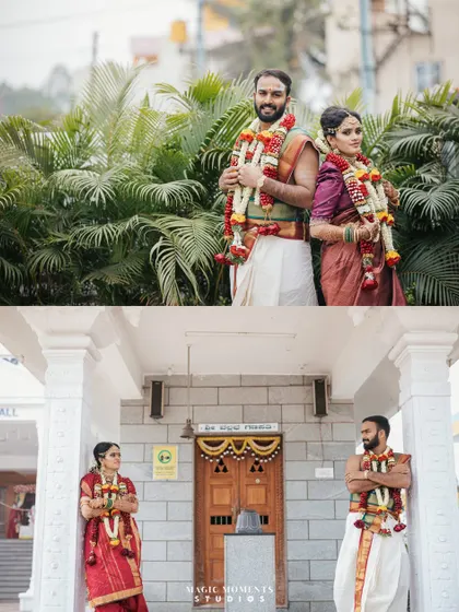 A collage showing the couple in different poses at their temple wedding venue, showcasing the beautiful architecture and natural surroundings.