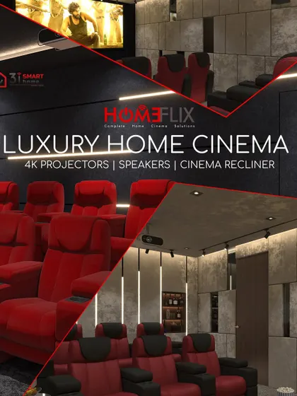 This promotional graphic showcases the key elements of my luxury home cinema service: 4K projectors, high-fidelity speakers, and premium cinema recliners.