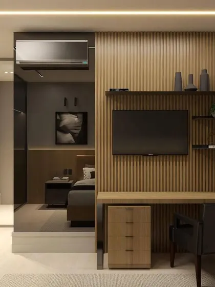 A view of the integrated study and TV area, showing how we can create a productive workspace within the bedroom without compromising on style.