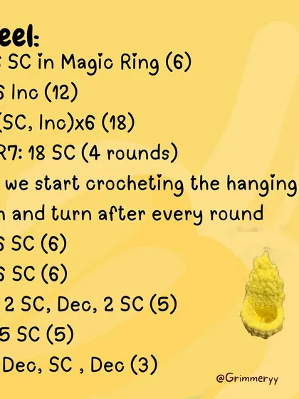 Here’s the first part of the instructions for the banana peel. This section guides you through creating the base and starting the first of the three hanging peels.