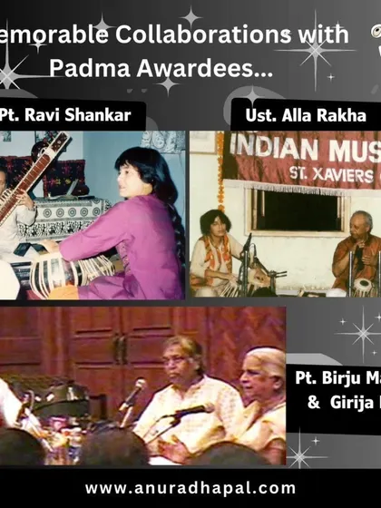 I have been blessed to collaborate with many Padma Award-winning masters. This image shows me with my Gurus, Pt. Ravi Shankar, and other legends like Pt. Birju Maharaj and Girija Devi.