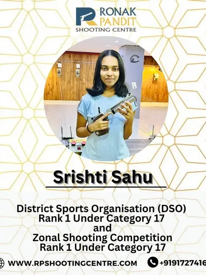 A double victory for Srishti Sahu, securing Rank 1 in both the District Sports Organisation (DSO) and Zonal Shooting Competitions in the Under 17 category.