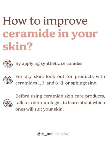 To improve ceramide levels, you can apply products containing synthetic ceramides. For dry skin, look for products with ceramides 1, 3, and 6-II, or sphingosine, and always consult a dermatologist to find the right fit.