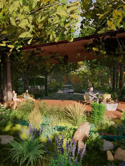 This render depicts a cozy, shaded seating deck perfect for a family gathering. We focus on creating a variety of spaces for both social interaction and solitary relaxation.