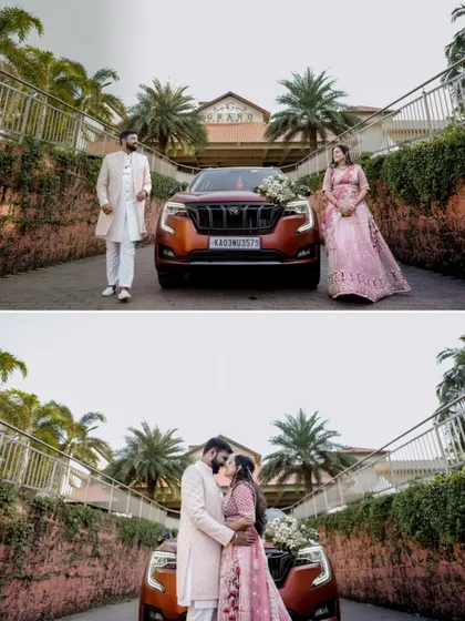 A collage featuring a stylish shot of a couple with their car and a romantic, intimate close-up.
