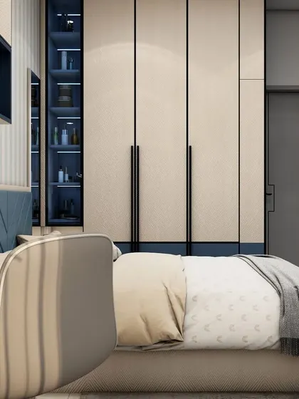 A view from the study desk towards the bed and wardrobe, showing how all the elements of the room are designed to work together in a cohesive and space-efficient manner.