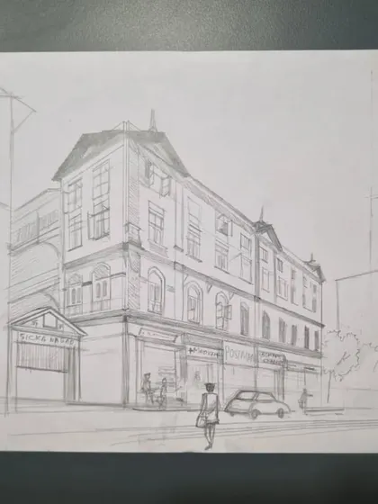The initial line drawing for the Sicka Nagar architectural sketch.