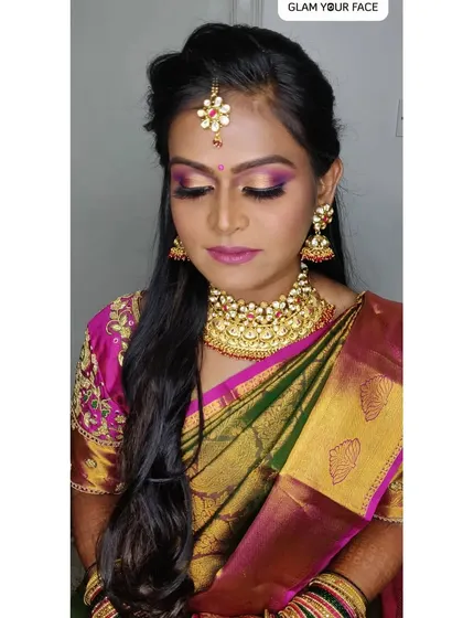 Another angle of this glamorous reception makeover. The vibrant pink and gold eyeshadow makes her eyes pop, and the entire look is completely filter-free, showing true skin-like texture.