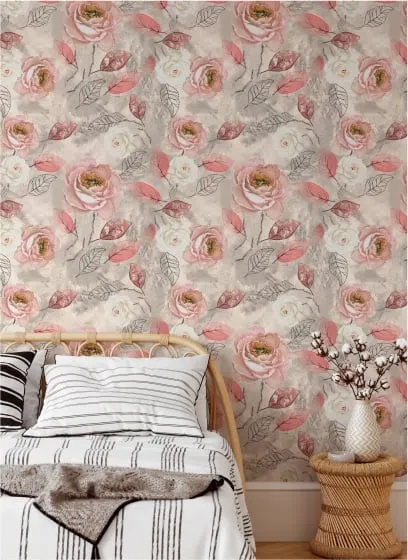 A romantic and soft floral wallpaper featuring watercolor-style roses. This design is perfect for creating a dreamy and feminine atmosphere in a bedroom.