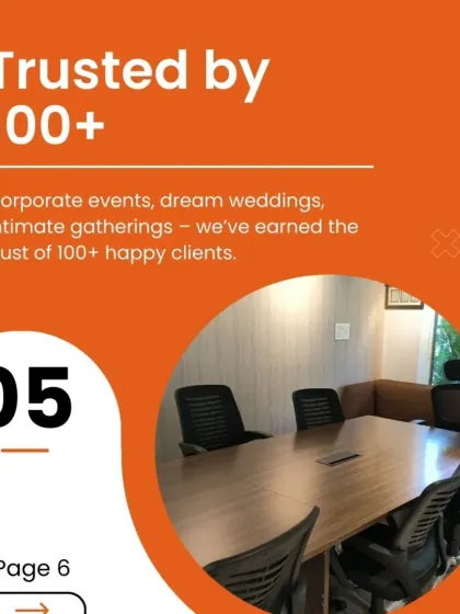 Trusted by over 100 happy clients for corporate events, dream weddings, and intimate gatherings. This graphic showcases a professional meeting room, representing our reliability in the corporate sector.