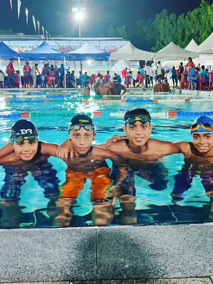 Teamwork makes the dream work. Our Under 14 boys relay team, Vihaan, Sharan, Idhant, and Jaden, celebrate another medal in the 4 x 100 Freestyle Relay.