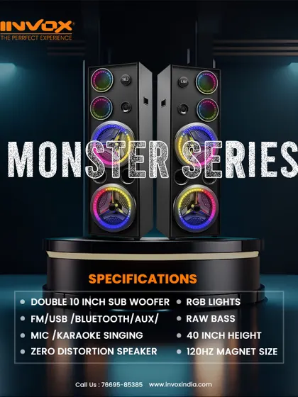 My Monster Series is built for those who demand powerful, clean sound. This model features double 10-inch subwoofers in a 40-inch tall wooden body for zero distortion, even at high volumes.