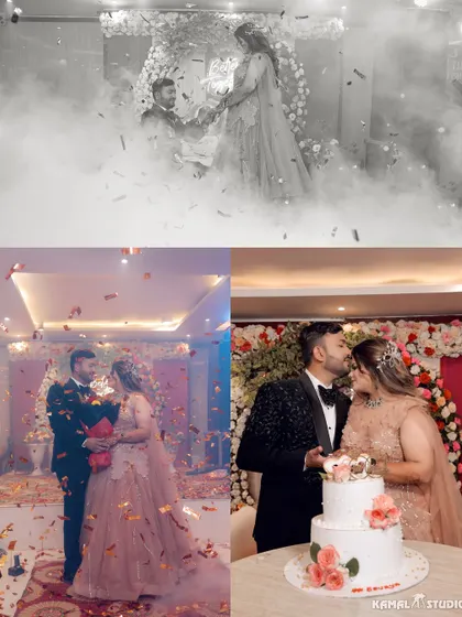A collage of key engagement moments: the proposal amidst smoke, the cake cutting, and a celebratory kiss.