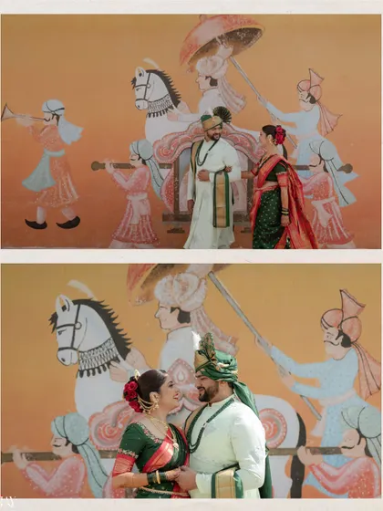 A creative diptych featuring the couple posed against a traditional Marathi mural. The composition blends the real-life couple with the painted figures, creating a unique, story-driven pre-wedding photograph.