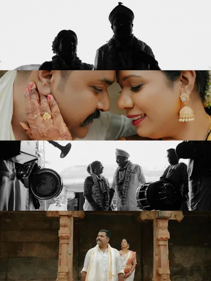 A cinematic collage with a mix of silhouettes, close-ups, and black and white shots. This artistic edit creates a moody, dramatic, and emotional summary of their traditional photoshoot.