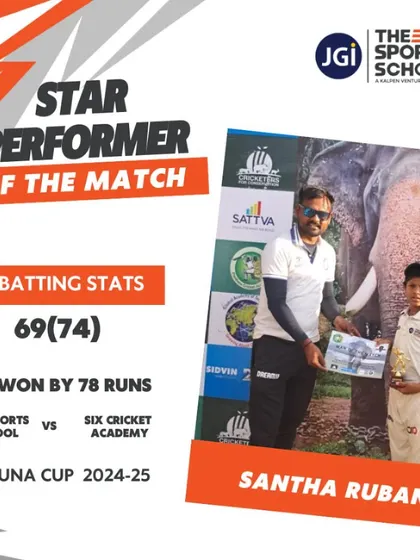 Santha Ruban is recognized as the Star Performer of the Match for his crucial 69 runs in the Arjuna Cup.