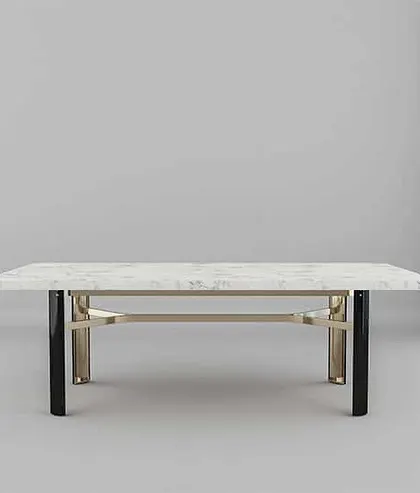 A studio shot of the Delight dining table, highlighting its clean, rectangular marble top and the intricate design of its supporting frame.